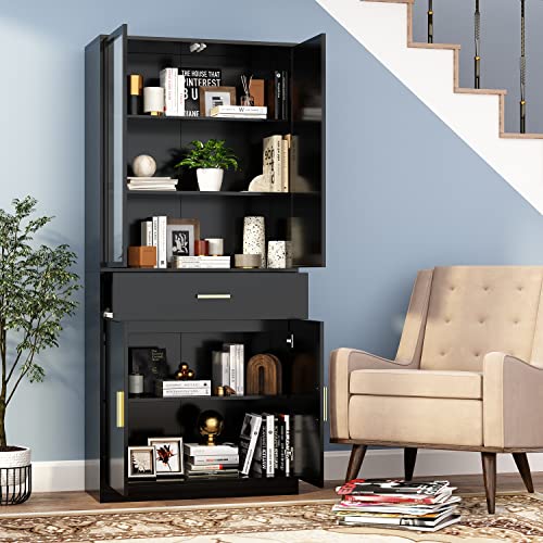 AIEGLE Kitchen Pantry Storage Cabinet with Glass Doors & Drawer, Freestanding Kitchen Pantry Cupboard, Utility Pantry Cabinet for Dining Room, Living Room, Black (31.5”W x 13.8”D x 70.9”H)