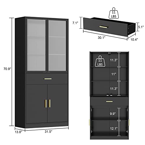 AIEGLE Kitchen Pantry Storage Cabinet with Glass Doors & Drawer, Freestanding Kitchen Pantry Cupboard, Utility Pantry Cabinet for Dining Room, Living Room, Black (31.5”W x 13.8”D x 70.9”H)