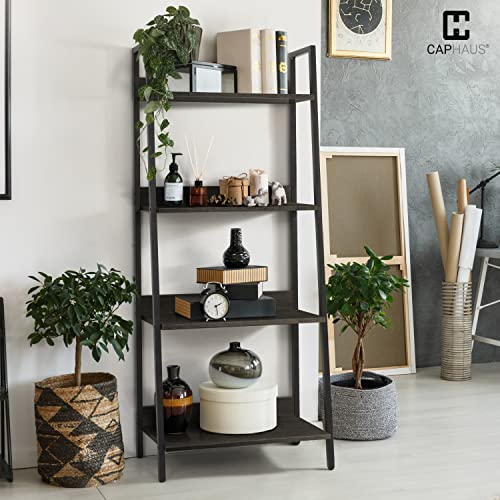 CAPHAUS 4 Tier Ladder Bookshelf, 24 Inch Width Free Standing Shelf, Bookcase Shelf Storage Rack Organizer, Industrial Book Shelves for Home Office, Living Room, Kitchen, Black Wooden Shelves