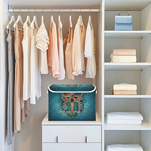 DOMIKING Blue Owl Large Storage Bin with Lid Collapsible Shelf Baskets Box with Handles Toys Organizer for Clothes Toy Gift Storage