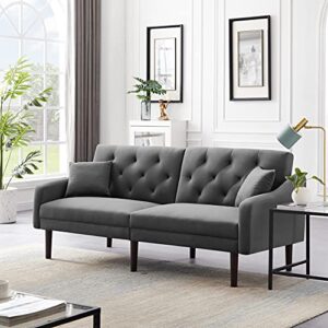 koihome velvet futon bed with adjustable for backrest, sleeper sofa with two pillows, modern couch with handrail and wood legs, upholstered loveseat for living, bedroom,office,waiting room, grey