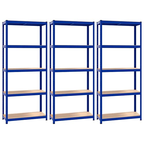 vidaXL Industrial Style 5-Layer Storage Shelves, 3-Piece Set, Blue - Galvanized Steel, Engineered Wood and Plastic for Residential and Commercial Use