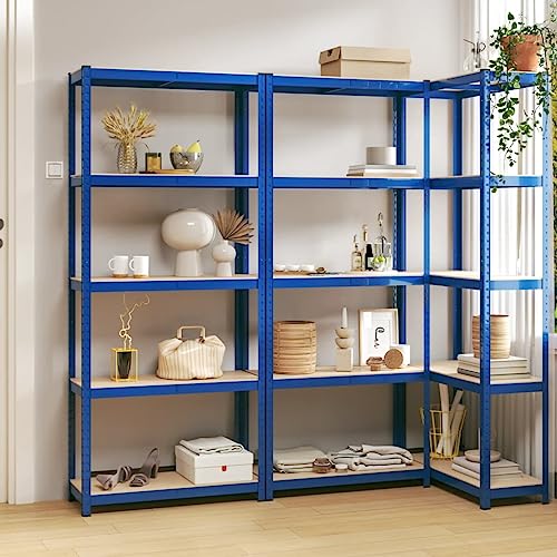 vidaXL Industrial Style 5-Layer Storage Shelves, 3-Piece Set, Blue - Galvanized Steel, Engineered Wood and Plastic for Residential and Commercial Use