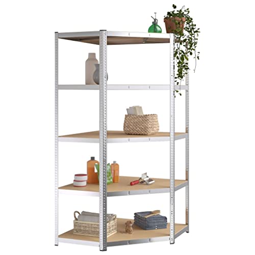 vidaXL 5-Layer Corner Shelf in Silver - Industrial Design - Galvanized Steel and Engineered Wood Construction - Ample Storage Space