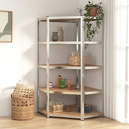 vidaXL 5-Layer Corner Shelf in Silver - Industrial Design - Galvanized Steel and Engineered Wood Construction - Ample Storage Space