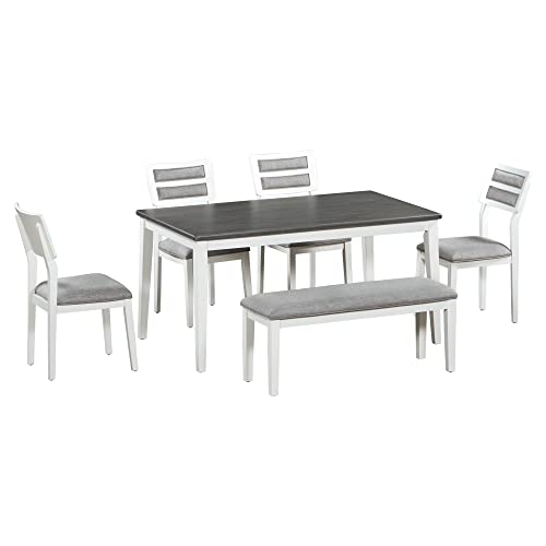 SIYSNKSI Modern 6 Piece Dining Table Set, Wood Dinette Table with 4 Upholstered Chairs and Bench, Classic Traditional Style Kitchen Table Set for 6 People (White+Gray)