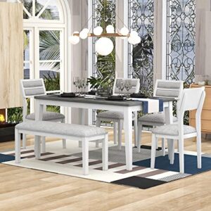 siysnksi modern 6 piece dining table set, wood dinette table with 4 upholstered chairs and bench, classic traditional style kitchen table set for 6 people (white+gray)