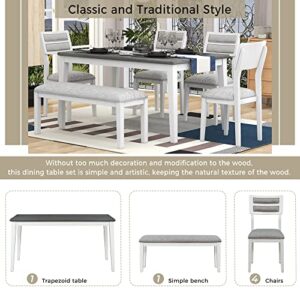 SIYSNKSI Modern 6 Piece Dining Table Set, Wood Dinette Table with 4 Upholstered Chairs and Bench, Classic Traditional Style Kitchen Table Set for 6 People (White+Gray)