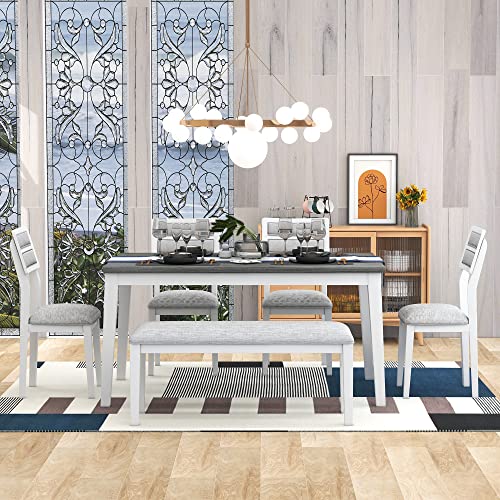 SIYSNKSI Modern 6 Piece Dining Table Set, Wood Dinette Table with 4 Upholstered Chairs and Bench, Classic Traditional Style Kitchen Table Set for 6 People (White+Gray)