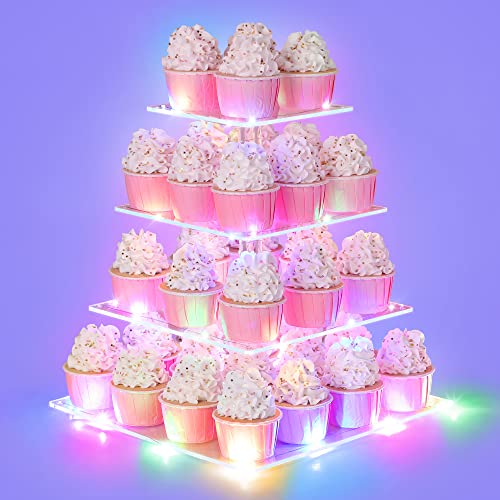 4 Tier Cupcake Stand with LED String Light, Acrylic Cupcake Display Stand, Square Cupcake Tower Holder, Cup Cake Stand for Birthday, Wedding, Baby Shower, Party