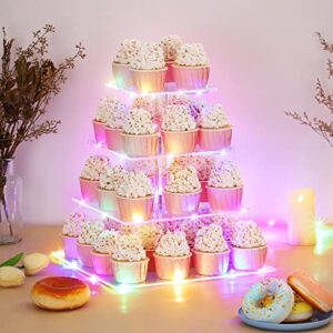 4 Tier Cupcake Stand with LED String Light, Acrylic Cupcake Display Stand, Square Cupcake Tower Holder, Cup Cake Stand for Birthday, Wedding, Baby Shower, Party