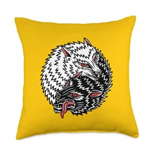 tiger flash tattoo supply co wolves american traditional tattoo trendy old school flash throw pillow, 18x18, multicolor