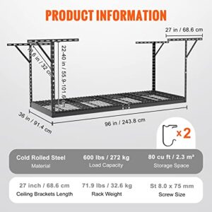 VEVOR Overhead Garage Storage Rack, 3x8 Garage Ceiling Storage Racks, Heavy Duty Adjustable Cold Rolled Steel Racks for Garage Storage, Organization, 600 lbs Load Capacity, 22''-40" (Black)