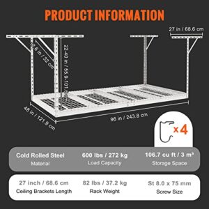 VEVOR Overhead Garage Storage Rack, 4x8 Garage Ceiling Storage Racks, Heavy Duty Adjustable Cold Rolled Steel Racks for Garage Storage, Organization, 600 lbs Load Capacity, 22''-40" (White)