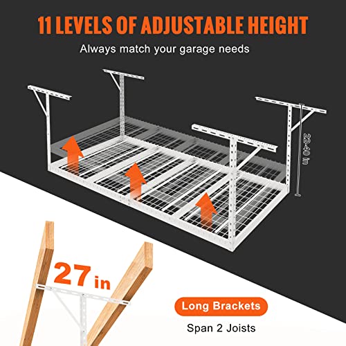 VEVOR Overhead Garage Storage Rack, 4x8 Garage Ceiling Storage Racks, Heavy Duty Adjustable Cold Rolled Steel Racks for Garage Storage, Organization, 600 lbs Load Capacity, 22''-40" (White)