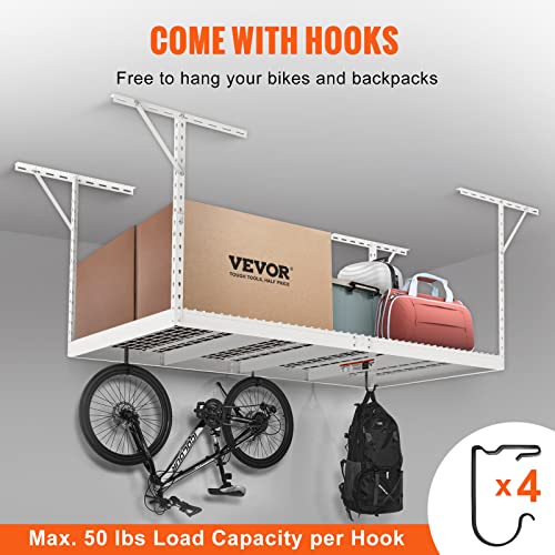 VEVOR Overhead Garage Storage Rack, 4x8 Garage Ceiling Storage Racks, Heavy Duty Adjustable Cold Rolled Steel Racks for Garage Storage, Organization, 600 lbs Load Capacity, 22''-40" (White)