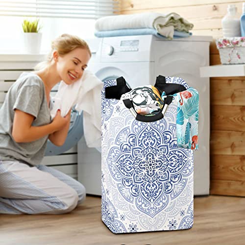 Kigai Blue Embroider Laundry Basket Foldable Large Laundry Hamper Bucket with Handles Collapsible Nursery Storage Bin for Kids Clothes Toy