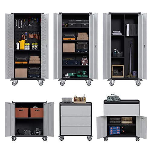 SUXXAN Garage Metal Storage Cabinet with Wheel for Home Garage/Adjustable Shelves, Lockable, Stiffener and Bumpers Design, Six Cabinets