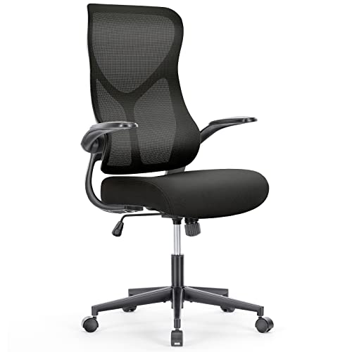 Office Chair, Ergonomic Desk Chair with Flip-up Arms, Breathable Mesh Computer Chair with Lumbar Support, Height Adjustable High Back Swivel Rolling Chair for Home, Office, Study, Conference, Black