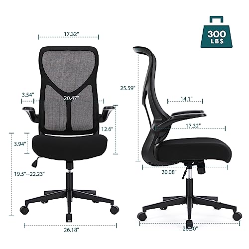 Office Chair, Ergonomic Desk Chair with Flip-up Arms, Breathable Mesh Computer Chair with Lumbar Support, Height Adjustable High Back Swivel Rolling Chair for Home, Office, Study, Conference, Black