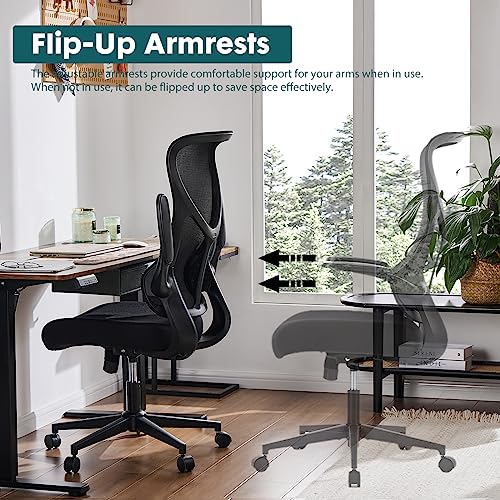 Office Chair, Ergonomic Desk Chair with Flip-up Arms, Breathable Mesh Computer Chair with Lumbar Support, Height Adjustable High Back Swivel Rolling Chair for Home, Office, Study, Conference, Black