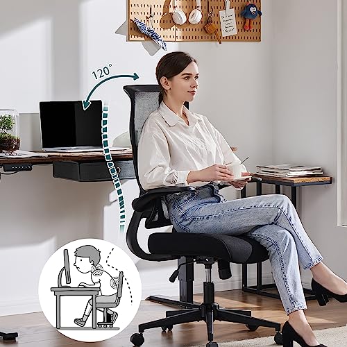Office Chair, Ergonomic Desk Chair with Flip-up Arms, Breathable Mesh Computer Chair with Lumbar Support, Height Adjustable High Back Swivel Rolling Chair for Home, Office, Study, Conference, Black