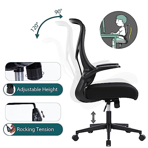 Office Chair, Ergonomic Desk Chair with Flip-up Arms, Breathable Mesh Computer Chair with Lumbar Support, Height Adjustable High Back Swivel Rolling Chair for Home, Office, Study, Conference, Black