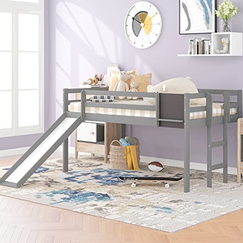 Voohek Toddler Loft Bed Low with Slide Rails Chalkboard, Wood Frame for Kids Boys Girls Slat Support, No Box Spring Needed