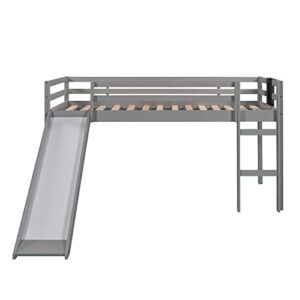 Voohek Toddler Loft Bed Low with Slide Rails Chalkboard, Wood Frame for Kids Boys Girls Slat Support, No Box Spring Needed