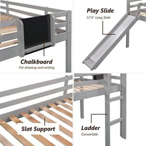 Voohek Toddler Loft Bed Low with Slide Rails Chalkboard, Wood Frame for Kids Boys Girls Slat Support, No Box Spring Needed