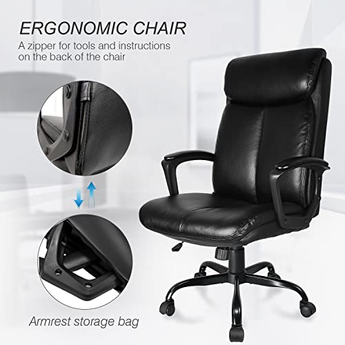 Executive Office Chair, Ergonomic Leather Padded Computer Desk Chair with Strong Metal Base, Comfy Cushion Seat for Work, Study, Black