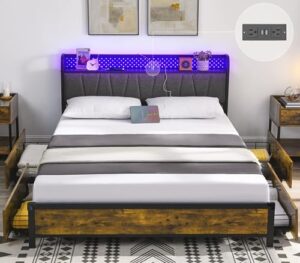 alohappy queen bed frame with drawers and rgb led lights, storage headboard with charging station, metal platform bed frame with strong steel slats support easy assembly no squeak