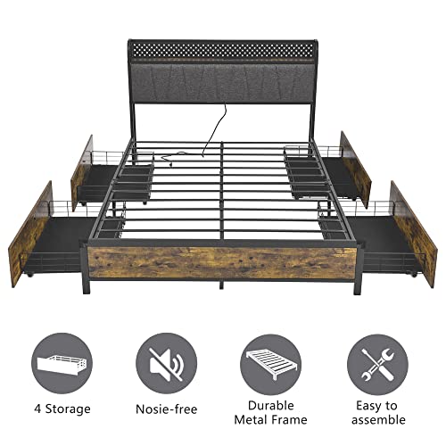 Alohappy Queen Bed Frame with Drawers and RGB Led Lights, Storage Headboard with Charging Station, Metal Platform Bed Frame with Strong Steel Slats Support Easy Assembly No Squeak