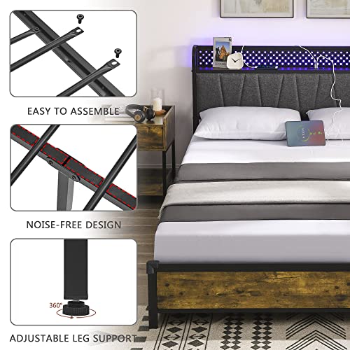 Alohappy Queen Bed Frame with Drawers and RGB Led Lights, Storage Headboard with Charging Station, Metal Platform Bed Frame with Strong Steel Slats Support Easy Assembly No Squeak