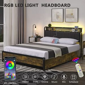 Alohappy Queen Bed Frame with Drawers and RGB Led Lights, Storage Headboard with Charging Station, Metal Platform Bed Frame with Strong Steel Slats Support Easy Assembly No Squeak