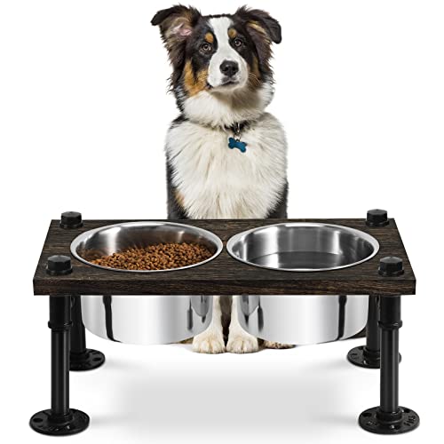 Elevated Dog Bowls Raised Dog Bowl Stand for Large Dogs Farmhouse Dog Food and Water Stand Feeder with 2 Stainless Steel Bowls Waterproof Wood Board Rustic Brown