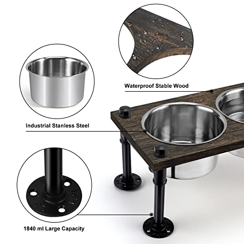 Elevated Dog Bowls Raised Dog Bowl Stand for Large Dogs Farmhouse Dog Food and Water Stand Feeder with 2 Stainless Steel Bowls Waterproof Wood Board Rustic Brown