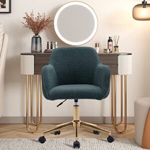 modern teddy home office chair, upholstered cute desk chair with gold metal legs, adjustable swivel task chair with wheels, vanity chair for girls women small space bedroom study makeup, green