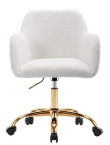 modern teddy home office chair, upholstered cute desk chair with gold metal legs, adjustable swivel task chair with wheels, vanity chair for girls women small space bedroom study makeup, white