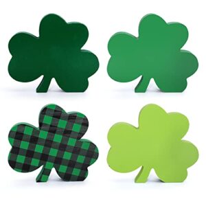 whaline 4pcs st. patrick's day wooden signs green plaid shamrock table ornament lucky clover shape table centerpieces irish holiday decorative table centerpieces for home fireplace tiered tray decor