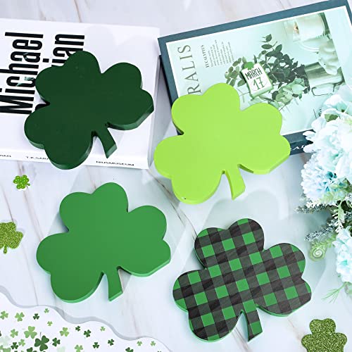Whaline 4Pcs St. Patrick's Day Wooden Signs Green Plaid Shamrock Table Ornament Lucky Clover Shape Table Centerpieces Irish Holiday Decorative Table Centerpieces for Home Fireplace Tiered Tray Decor