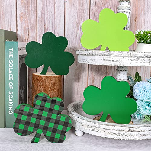 Whaline 4Pcs St. Patrick's Day Wooden Signs Green Plaid Shamrock Table Ornament Lucky Clover Shape Table Centerpieces Irish Holiday Decorative Table Centerpieces for Home Fireplace Tiered Tray Decor