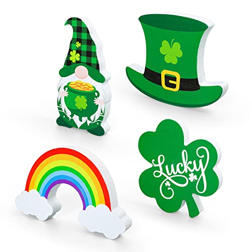Whaline 4Pcs St. Patrick's Day Wooden Sign Shamrock Hat Gnome Rainbow Table Ornament Lucky Clover Shape Table Centerpieces Irish Holiday Classic Table Centerpiece for Home Fireplace Tiered Tray Decor