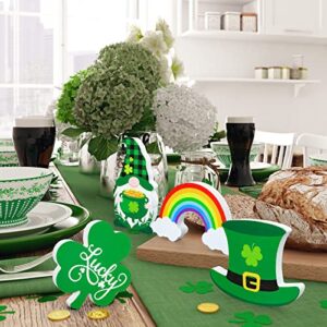 Whaline 4Pcs St. Patrick's Day Wooden Sign Shamrock Hat Gnome Rainbow Table Ornament Lucky Clover Shape Table Centerpieces Irish Holiday Classic Table Centerpiece for Home Fireplace Tiered Tray Decor