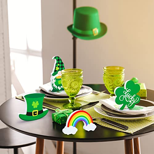 Whaline 4Pcs St. Patrick's Day Wooden Sign Shamrock Hat Gnome Rainbow Table Ornament Lucky Clover Shape Table Centerpieces Irish Holiday Classic Table Centerpiece for Home Fireplace Tiered Tray Decor