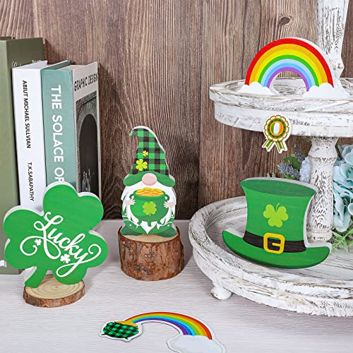 Whaline 4Pcs St. Patrick's Day Wooden Sign Shamrock Hat Gnome Rainbow Table Ornament Lucky Clover Shape Table Centerpieces Irish Holiday Classic Table Centerpiece for Home Fireplace Tiered Tray Decor