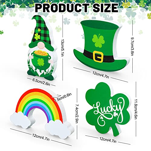 Whaline 4Pcs St. Patrick's Day Wooden Sign Shamrock Hat Gnome Rainbow Table Ornament Lucky Clover Shape Table Centerpieces Irish Holiday Classic Table Centerpiece for Home Fireplace Tiered Tray Decor