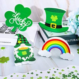 Whaline 4Pcs St. Patrick's Day Wooden Sign Shamrock Hat Gnome Rainbow Table Ornament Lucky Clover Shape Table Centerpieces Irish Holiday Classic Table Centerpiece for Home Fireplace Tiered Tray Decor