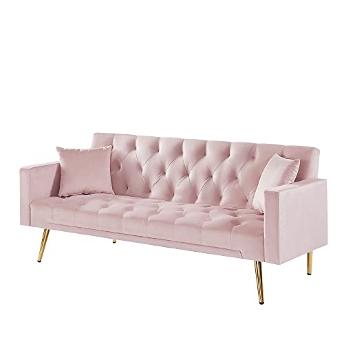 yunqishi SHIYONG 73.2" Velvet Futon Sofa Bed for Living Room, Convertible 3 Adjustable Couch Loveseat with Gold Metal Legs for Small Space (Pink)