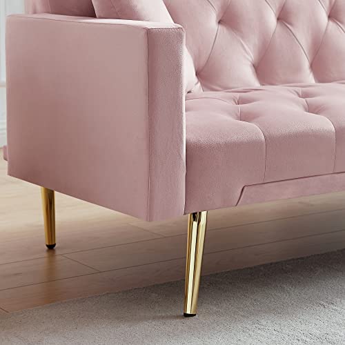 yunqishi SHIYONG 73.2" Velvet Futon Sofa Bed for Living Room, Convertible 3 Adjustable Couch Loveseat with Gold Metal Legs for Small Space (Pink)